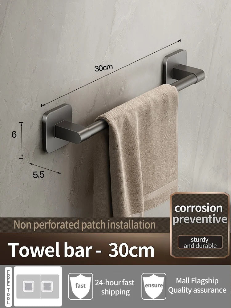 Adhesive Gray Aluminum Towel Bar – No-Drill Wall-Mounted Towel Rack for Bathroom, Kitchen, or Laundry