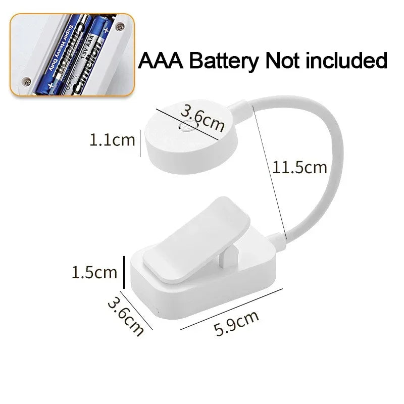 White Clip-On LED Book Light for Bedside & Portable Reading – Battery Powered, Adjustable Neck