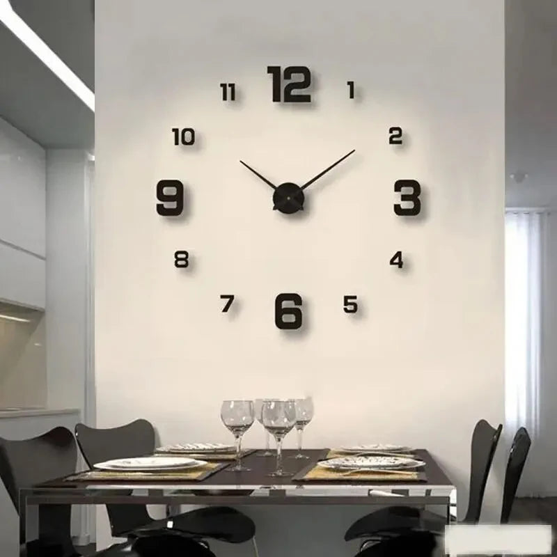 Frameless DIY wall clock with black numbers installed above a dining table in a modern kitchen