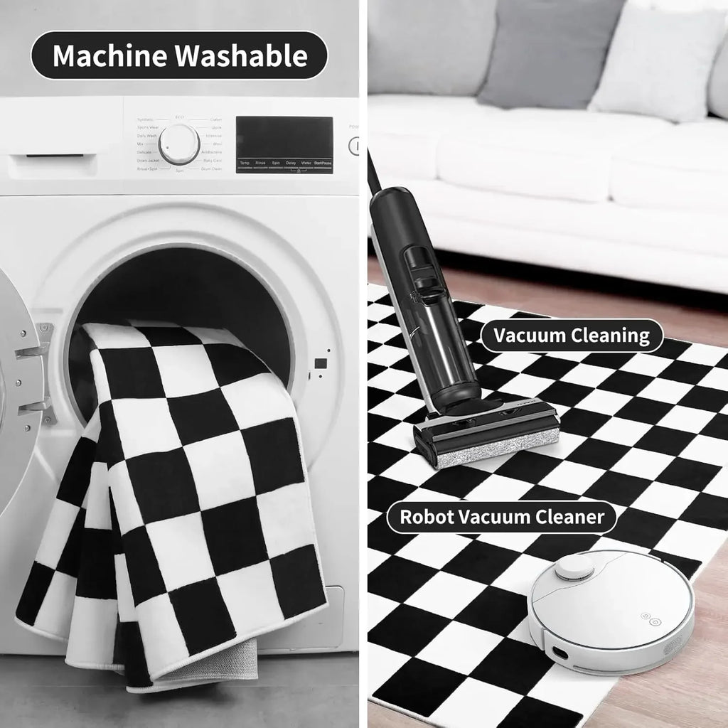 Close-up split image showing checkered rug being machine washed and vacuumed