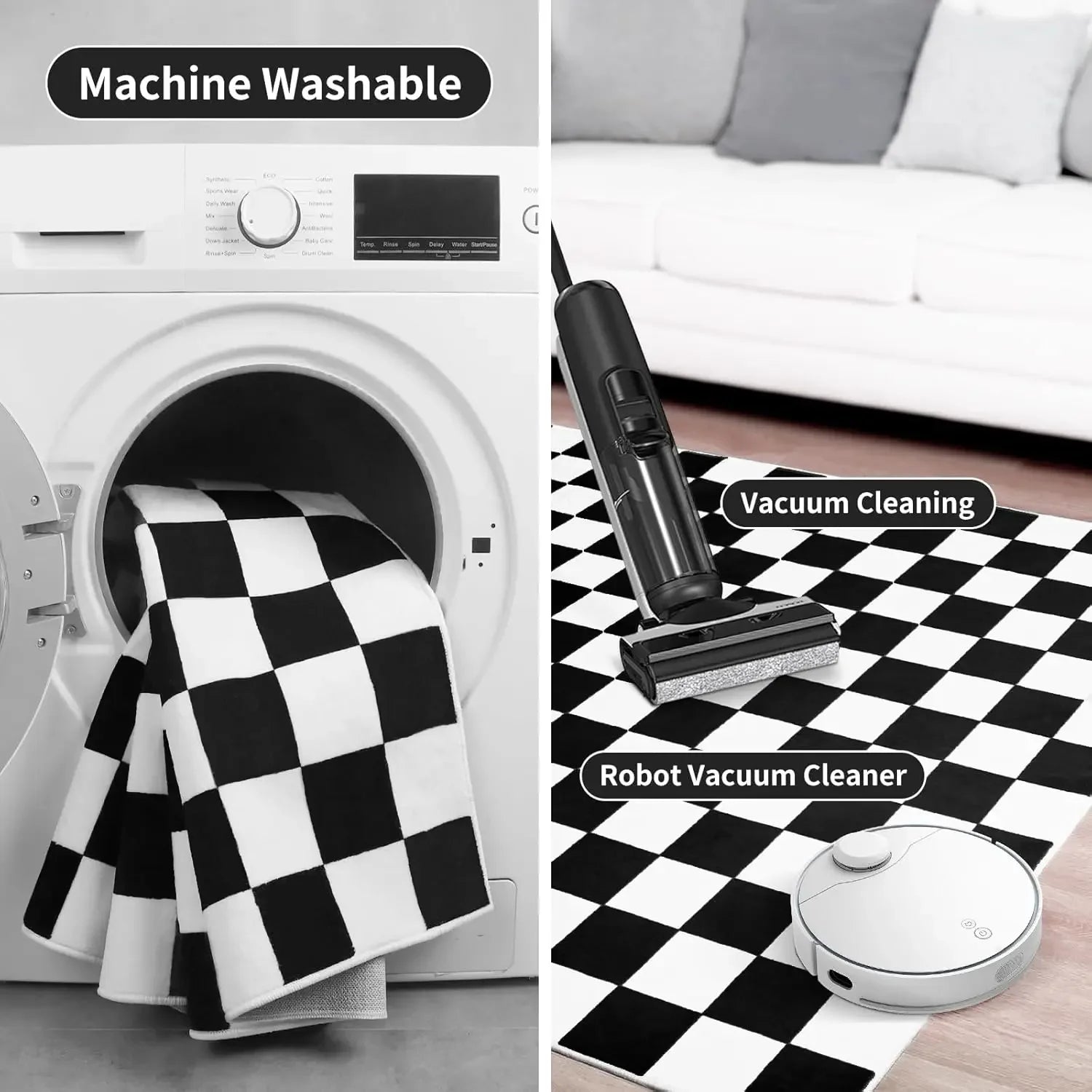 Close-up split image showing checkered rug being machine washed and vacuumed