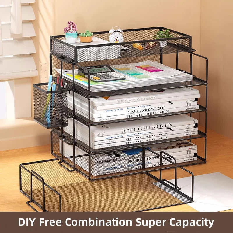 Four-layer mesh desk organizer on desk with labeled sections for different items