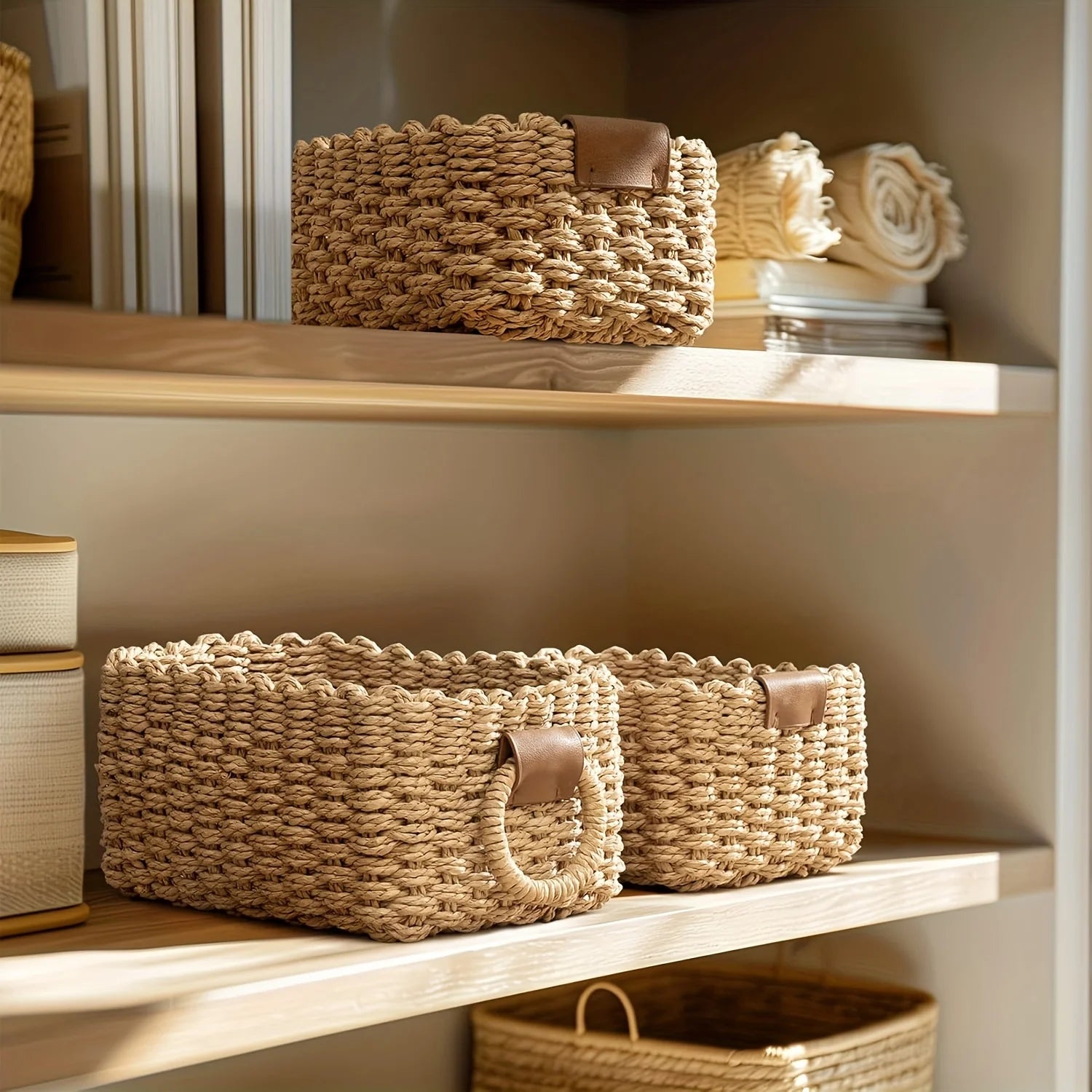 Two woven baskets on open shelving used to organize linens and books