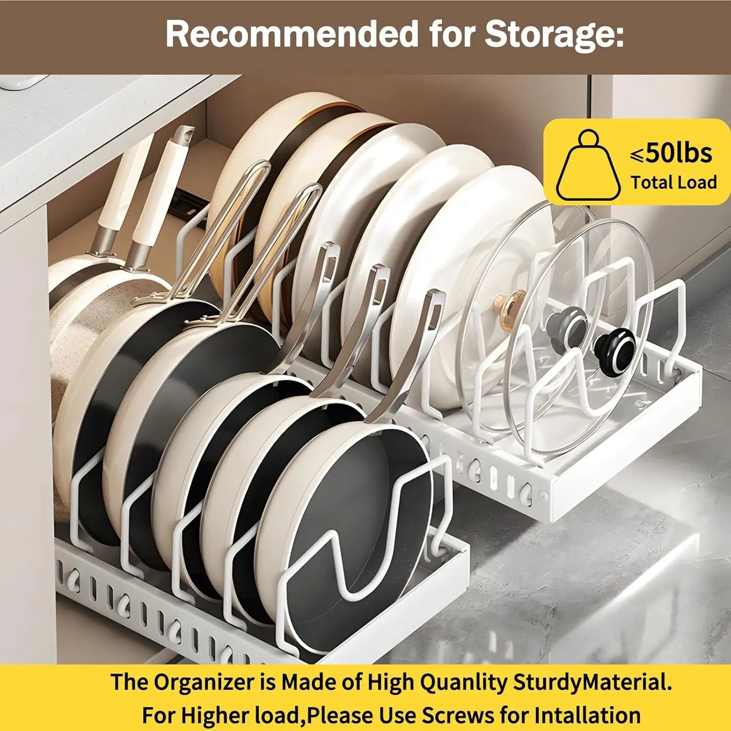 pull-out organizer in a cabinet, showing recommended load and pan storage