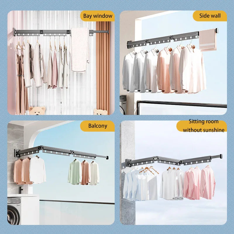 multiple wall-mounted folding drying racks in different home locations including bay window, side wall, balcony, and living room, each holding hanging clothes