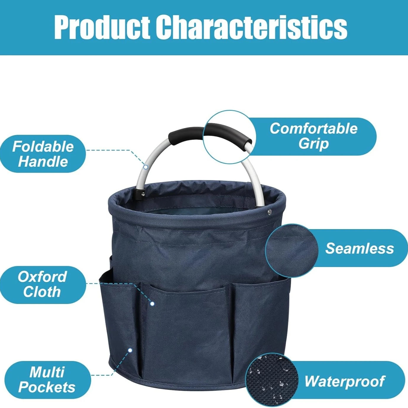 Diagram highlighting features of the cleaning caddy: foldable handle, Oxford cloth, comfortable grip, waterproof and multipocket design