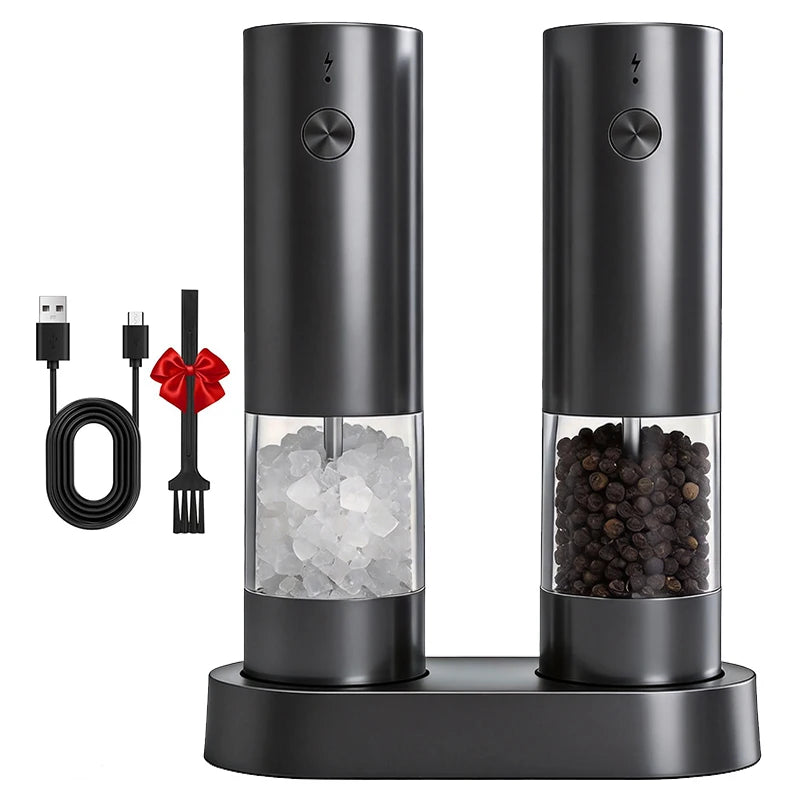 USB Rechargeable Electric Salt and Pepper Grinder Set with Adjustable Coarseness and Storage Base for Kitchen Counters