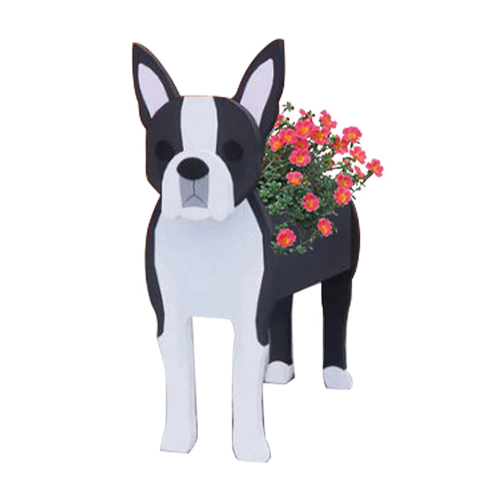 black and white dog planter pot with pink flowers