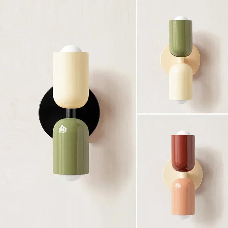 Macaron wall lamp in beige, green, and red color block designs