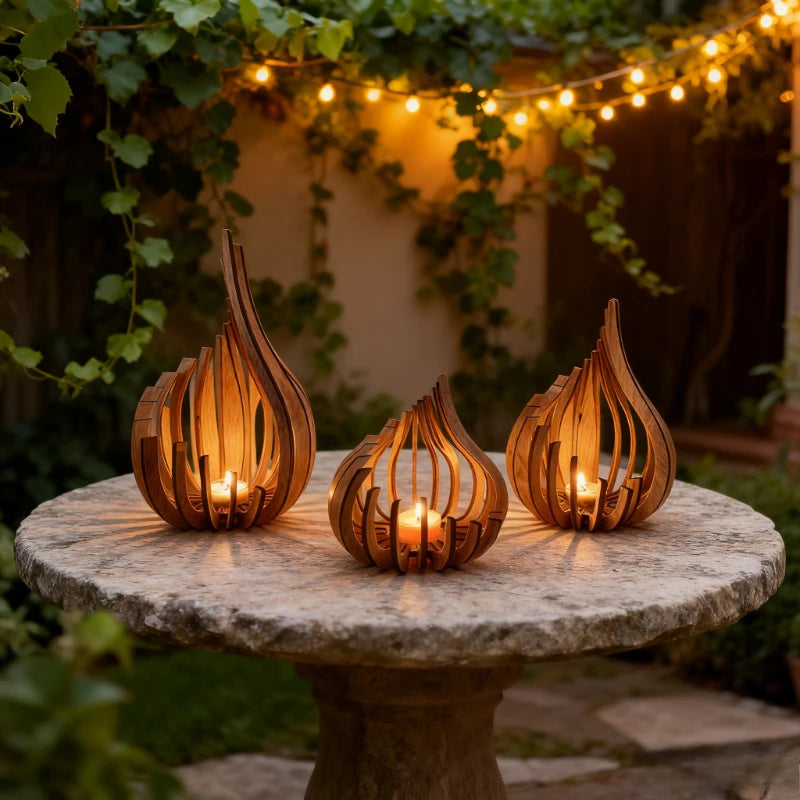 Set of three wooden flame-shaped candle holders with tealights on a round outdoor table, string lights in background
