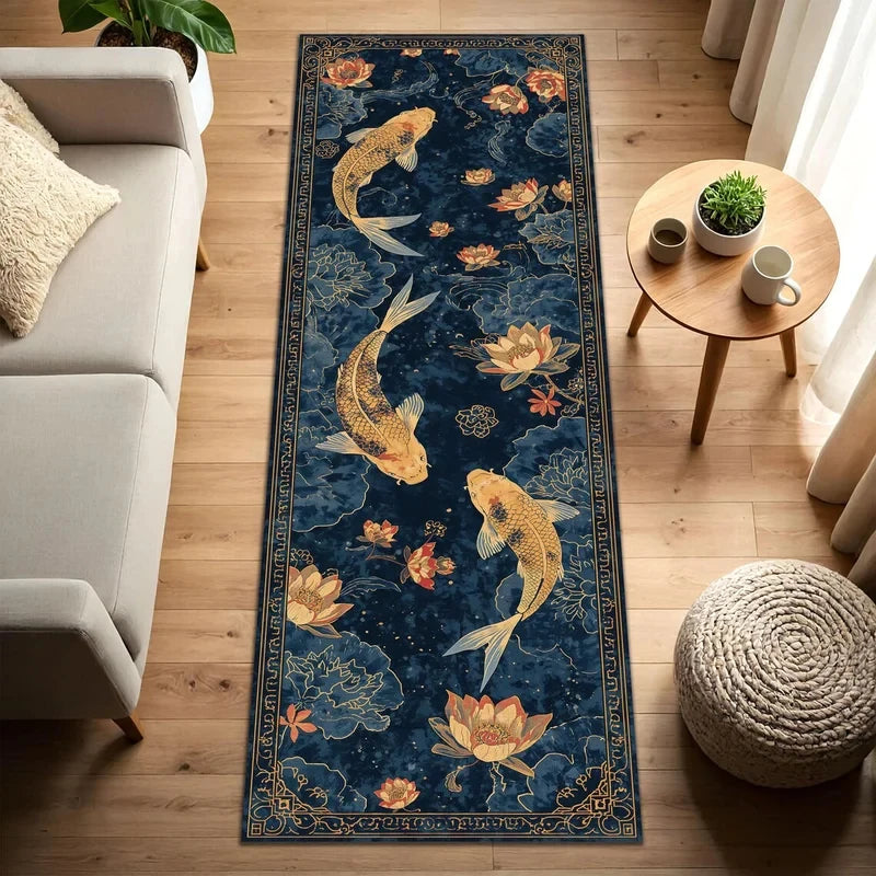 vintage koi pond runner rug with blue and gold fish and lotus motif in a bright living room hallway