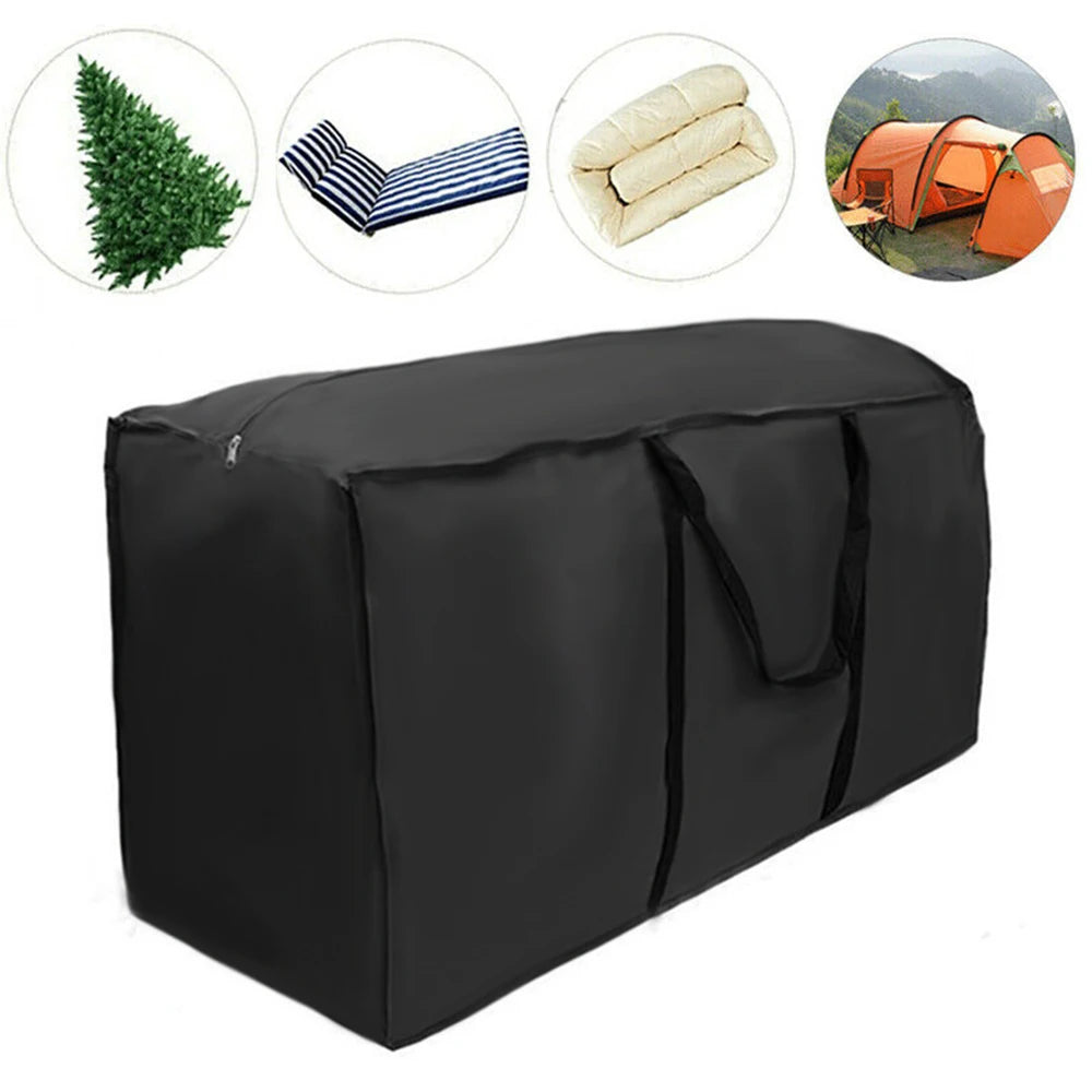 Rectangular black storage bag for holiday tree, outdoor cushions, and camping gear, with zipper and carry straps