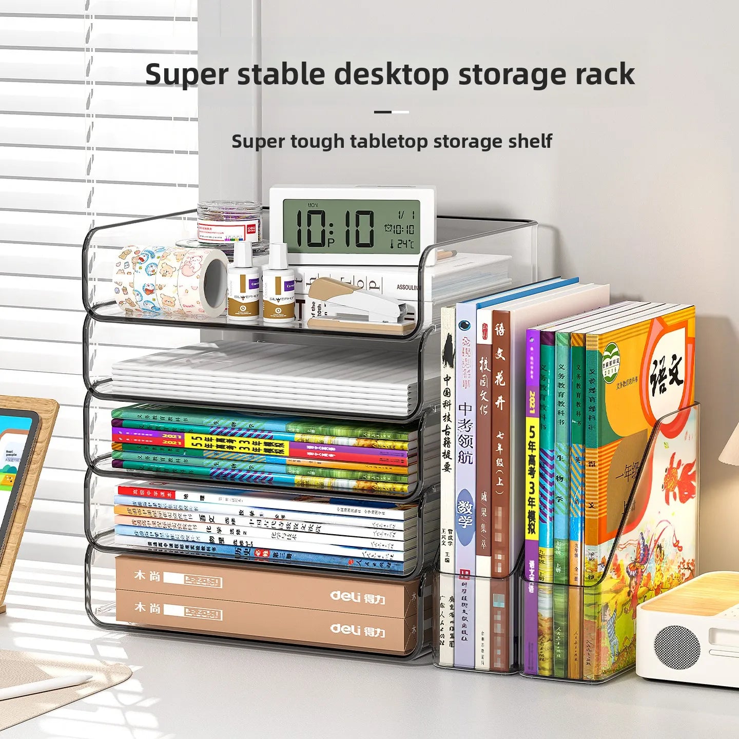 Stackable clear A4 document tray on home office desk, holding books and papers