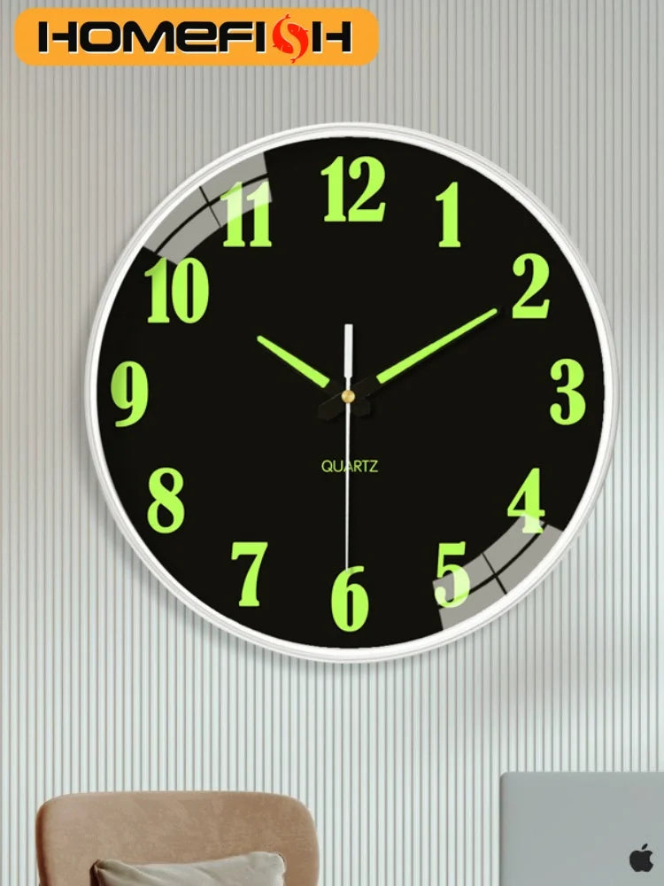 Black wall clock with luminous green numerals on striped wall above a chair