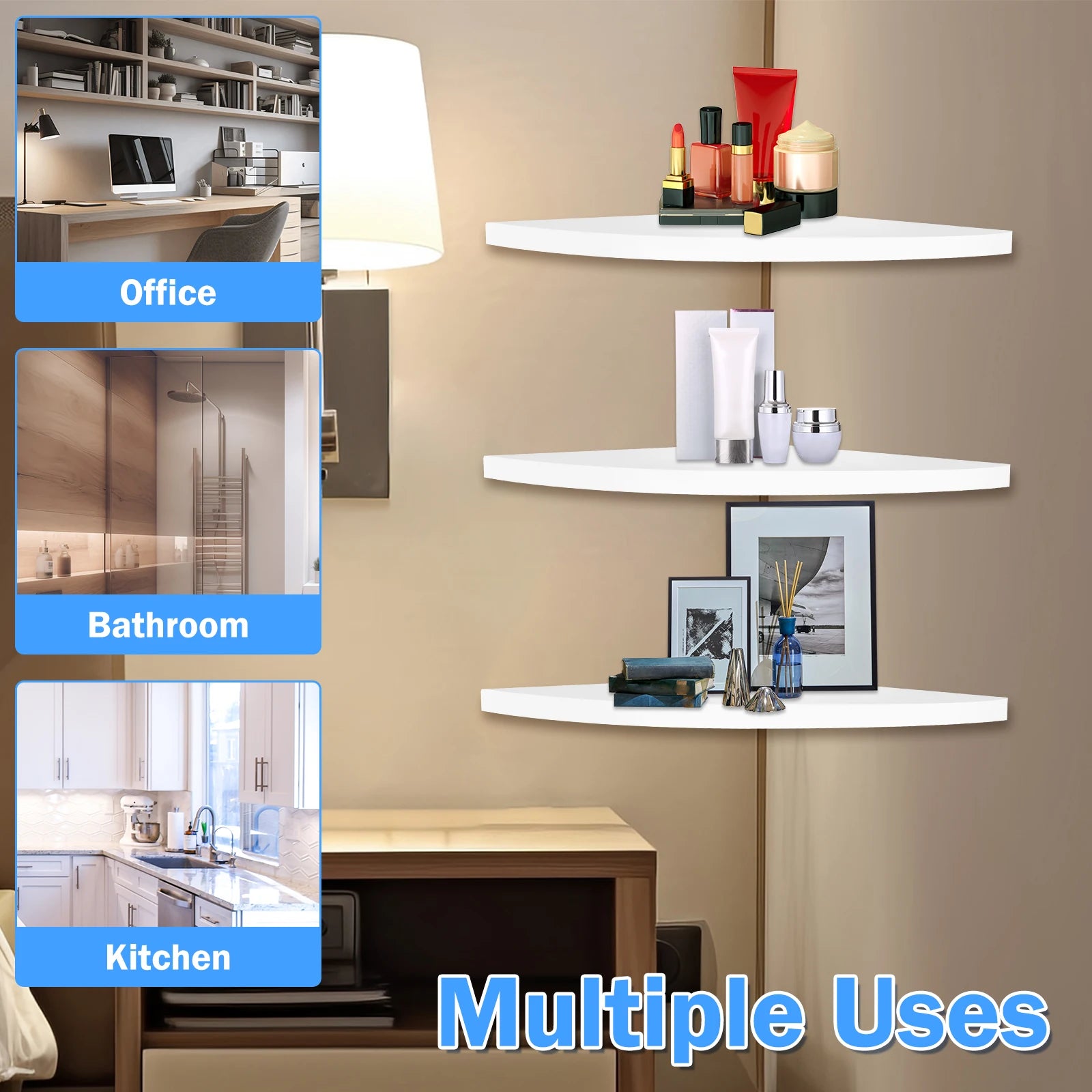 Set of 3 White Wall-Mounted Corner Shelves for Home Organization