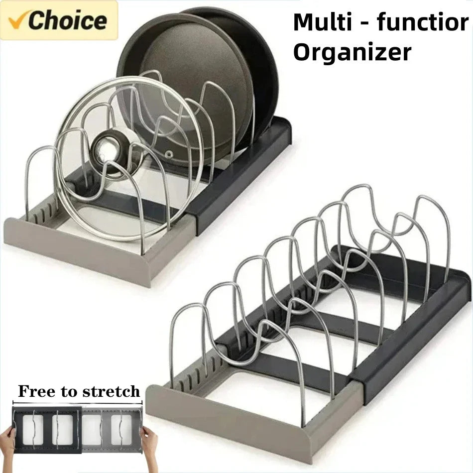 Expandable 7-slot pot and pan lid organizer rack shown open and closed on a white background