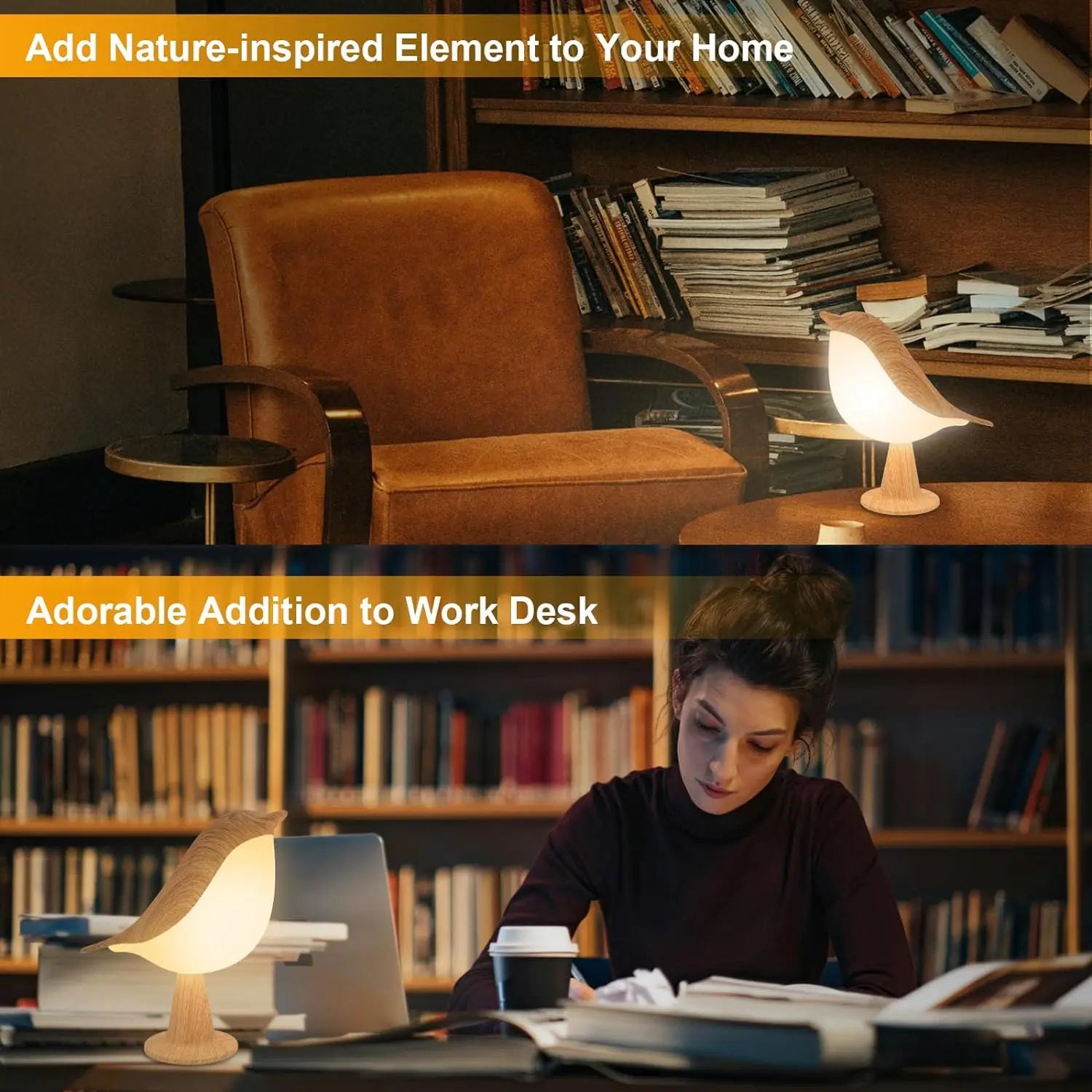 Bird night light displayed on bookshelf and work desk settings