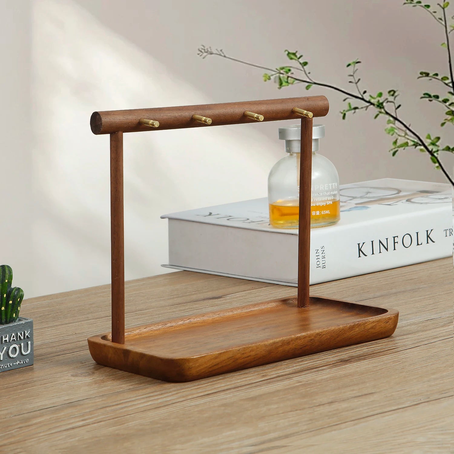 Walnut & Metal Jewelry Organizer Stand with Tray