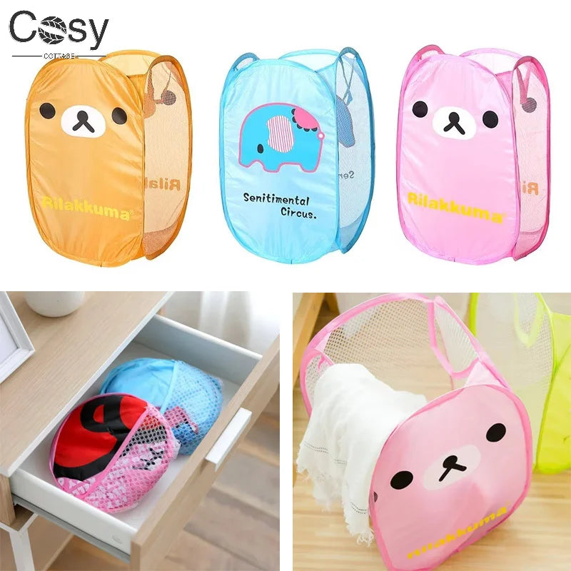 Three cartoon animal mesh pop-up hampers in orange, blue, and pink, plus example of hamper folded for storage