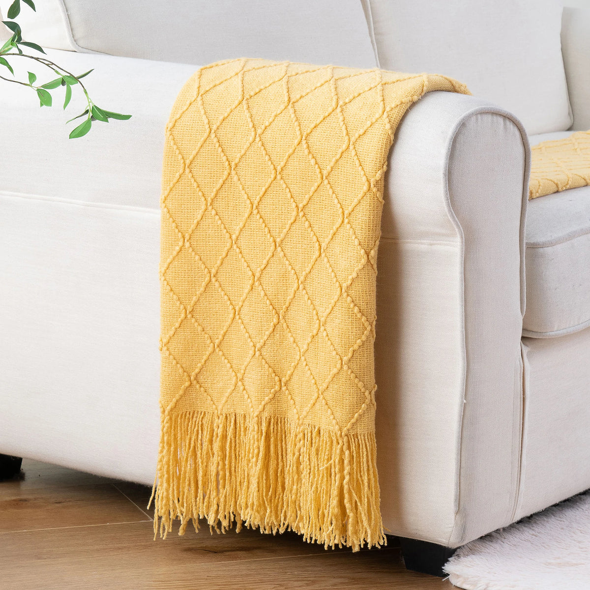 Arden Plaid Knit Throw Blanket with Tassels – Soft Textured Acrylic for Sofa or Bed in 8 Colors