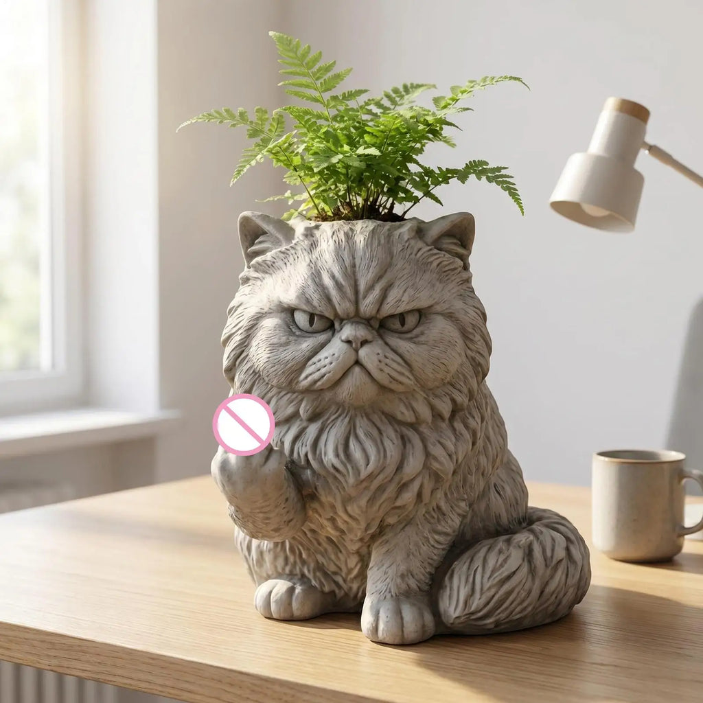 cat shaped planter with stone texture holding a small fern on a desk