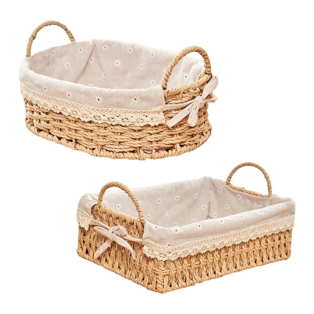 Oval and rectangular woven storage baskets, both with soft fabric liners and handles