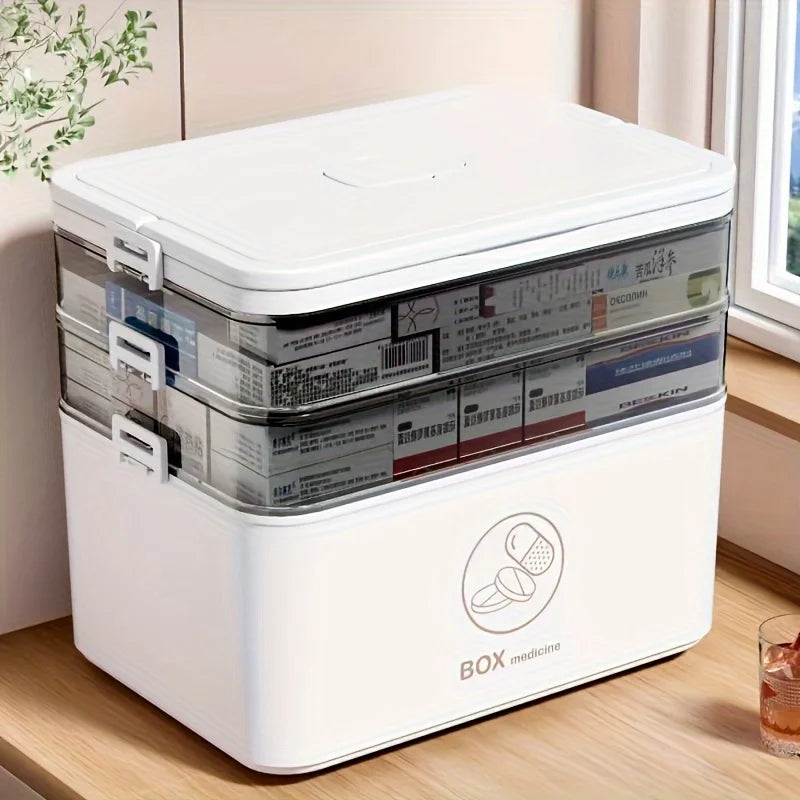 3-Tier Medicine Organizer Box with Carry Handle for Family Emergency & Home Storage – Ivory or White
