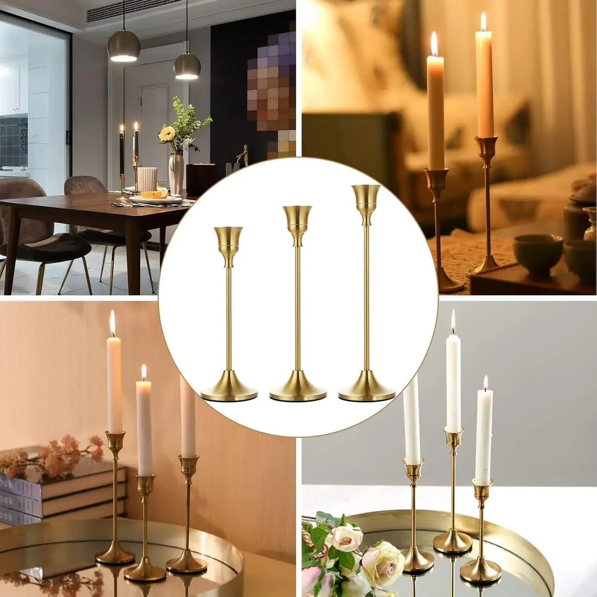 Multiple scenes showing gold candle holders used on dining tables, mantels, and coffee tables for cozy home decor.