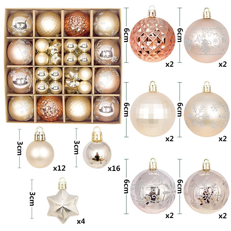 Boxed gold-tone ornament set with labeled ornament sizes and shapes