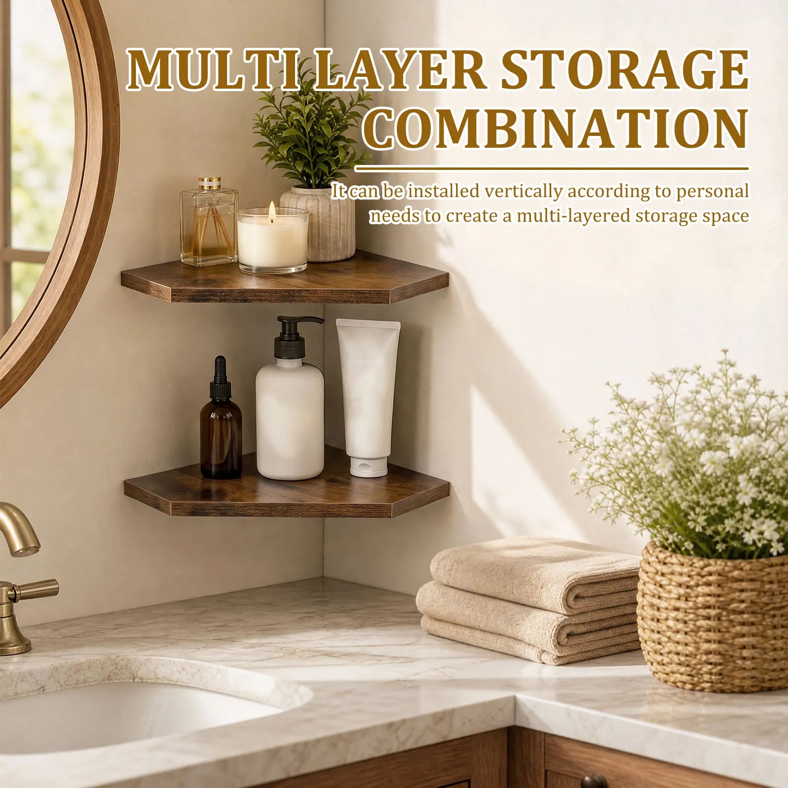 Brown wooden floating corner shelves installed in a bathroom, holding toiletries and a candle for organized bathroom storage