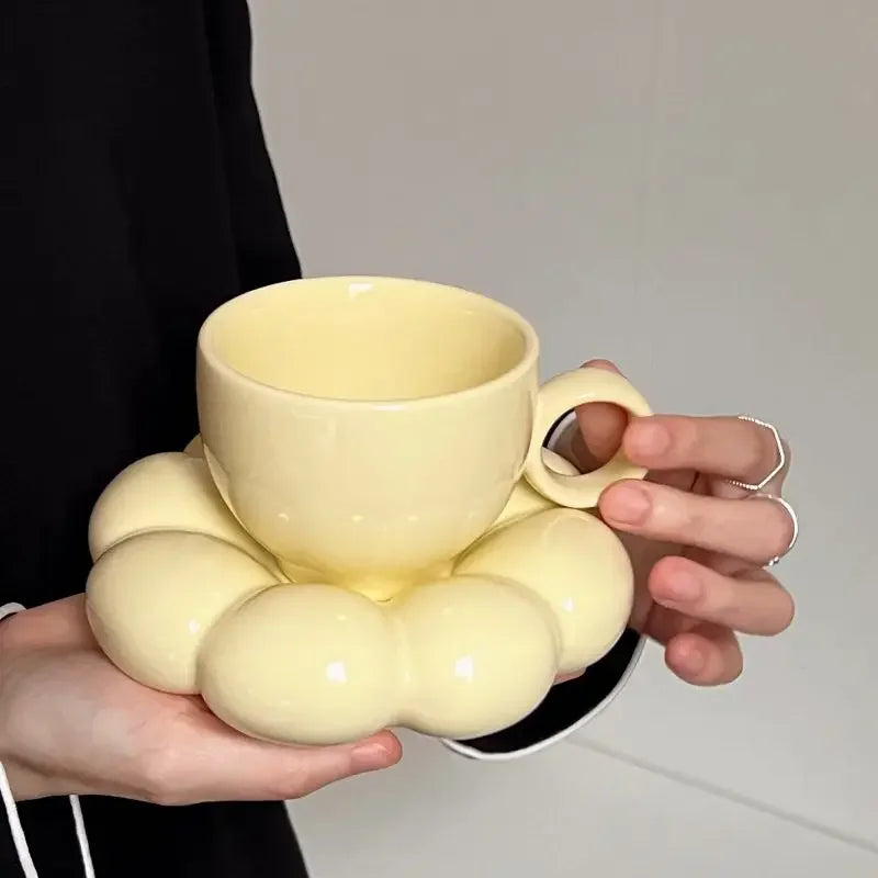 Cloud Saucer Sunflower Mug Set in Porcelain – Cozy Coffee & Tea Cup for Living Room or Office