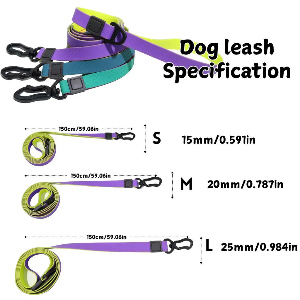 Dog leash size chart showing S, M, and L PVC leashes at 1.5m length in purple/yellow with width measurements