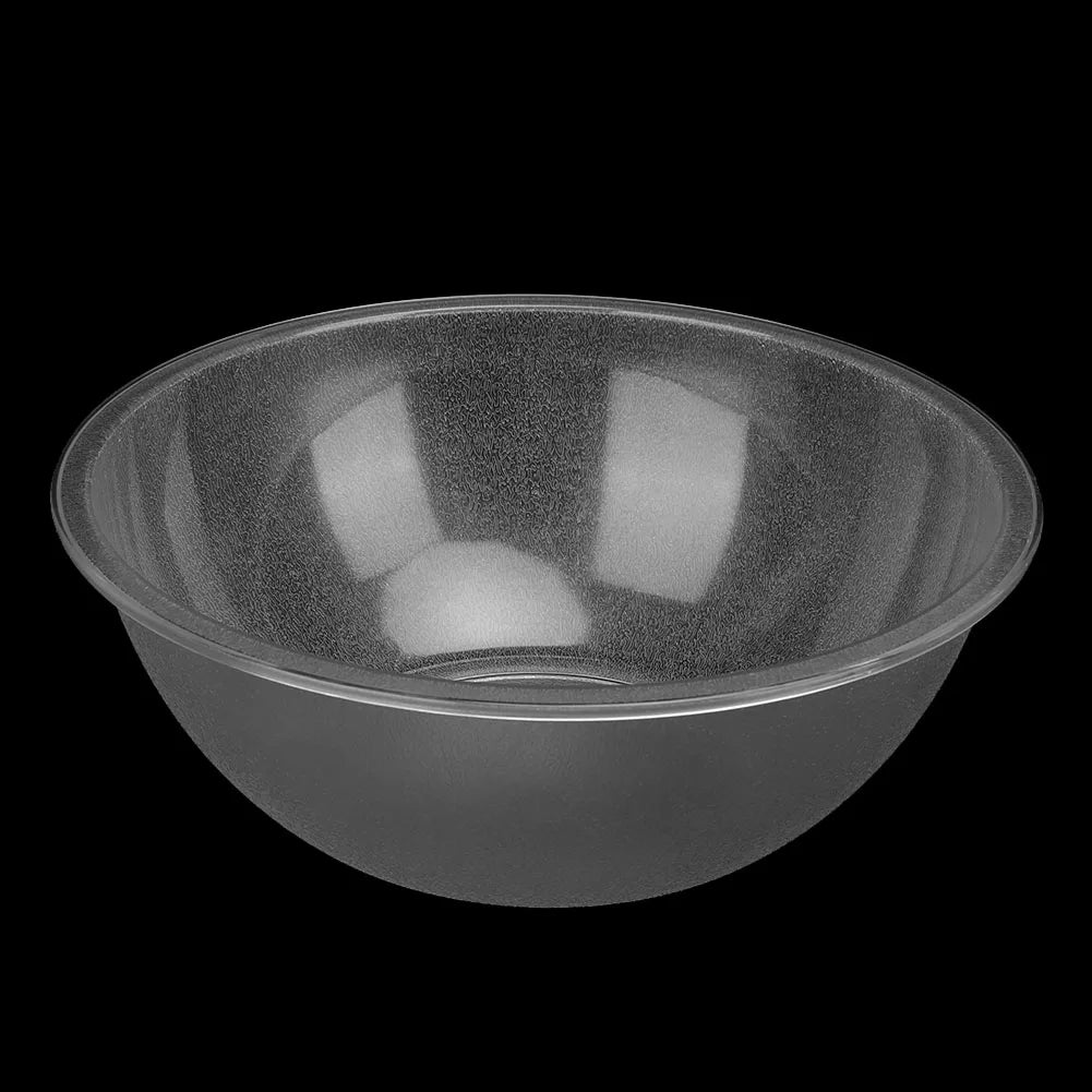 Interior of clear round acrylic serving bowl against black background