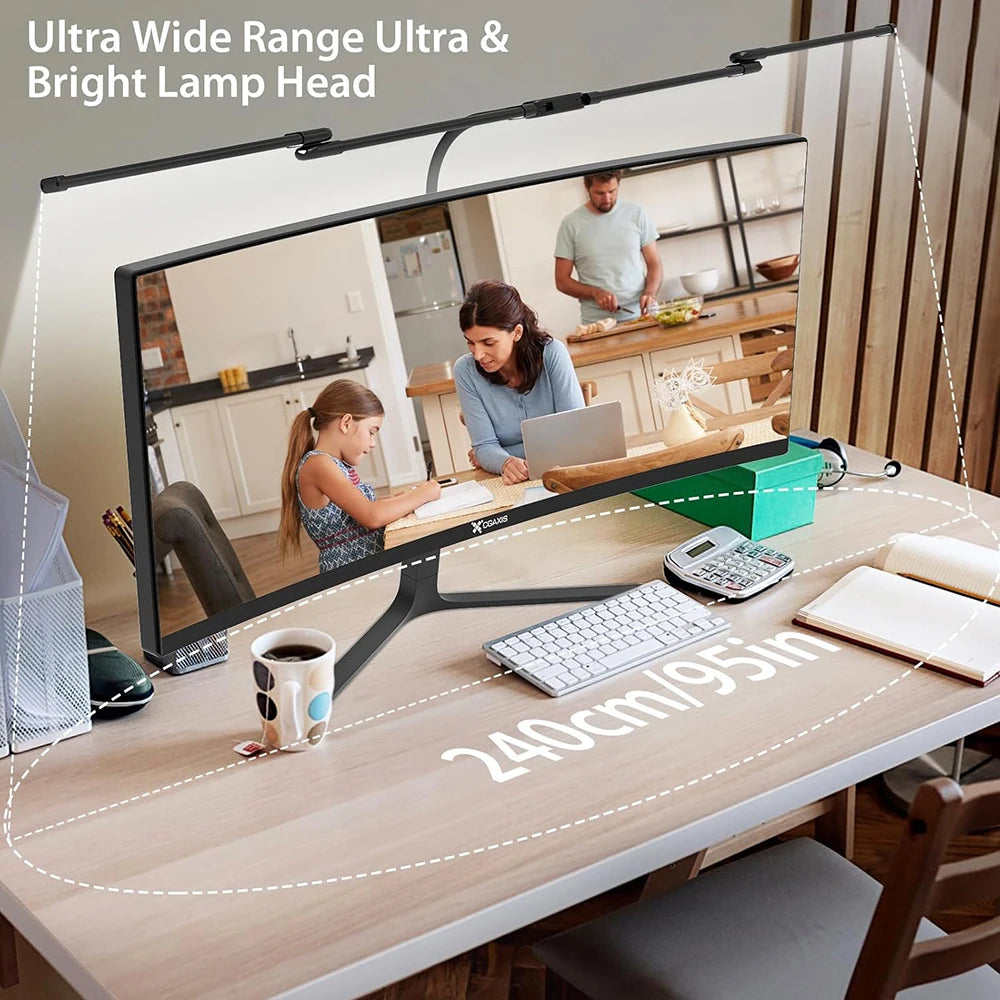 Ultra-Wide 4-Head LED Desk Lamp with Clamp, Stepless Dimming for Home Office & Dual Monitor Setups