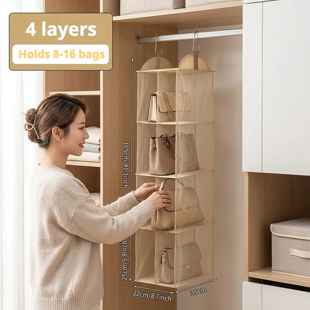 Hanging Purse and Handbag Organizer for Closet – 2 or 4 Layer Beige Non-Woven Bag Holder