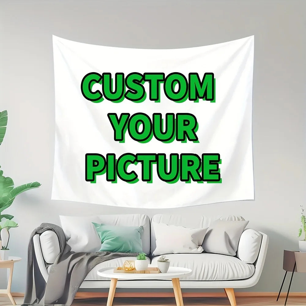 Custom fabric wall tapestry mockup in a bright cozy living space