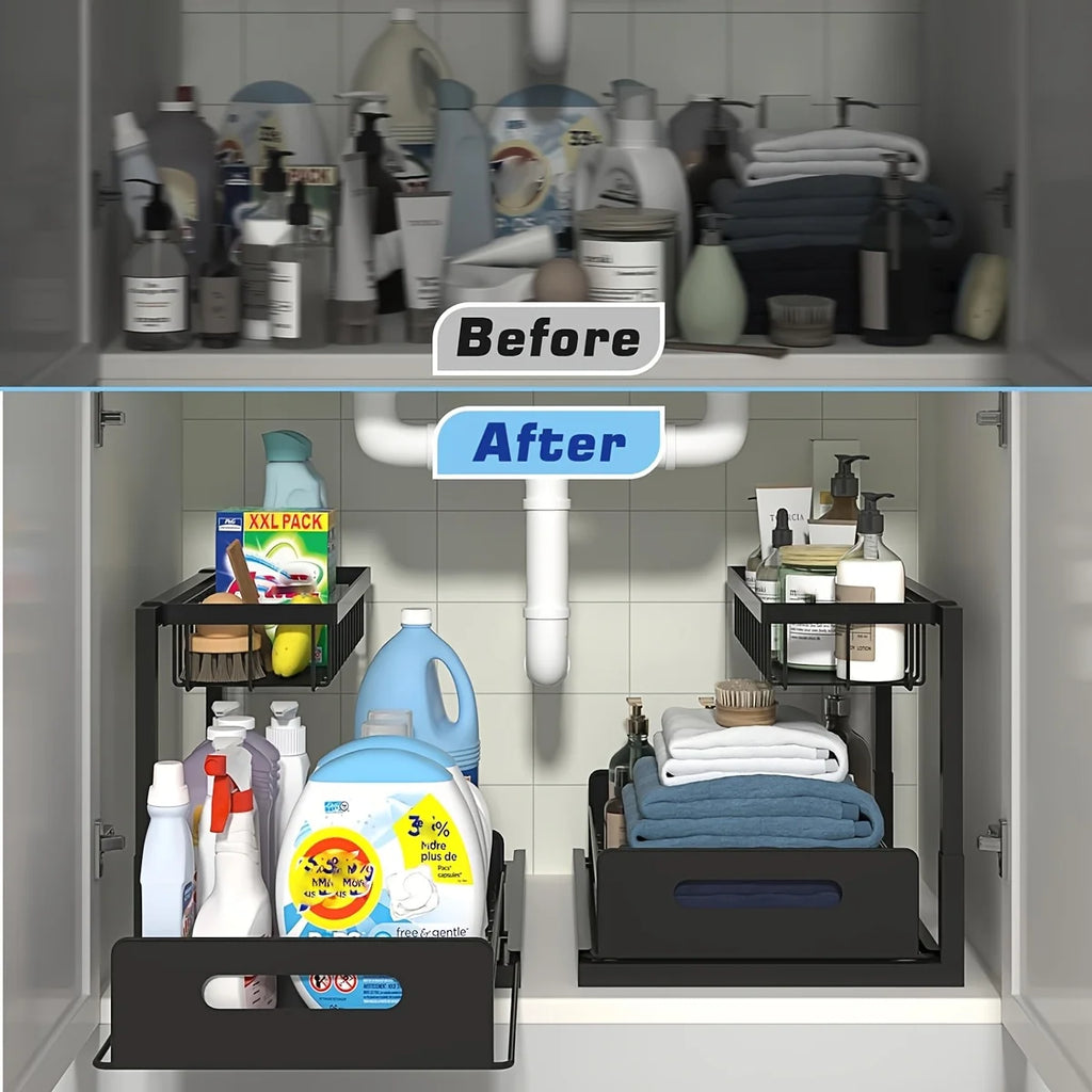 Before and after comparison showing a cabinet transformed with two steel pull-out organizers for cleaning supplies and towels