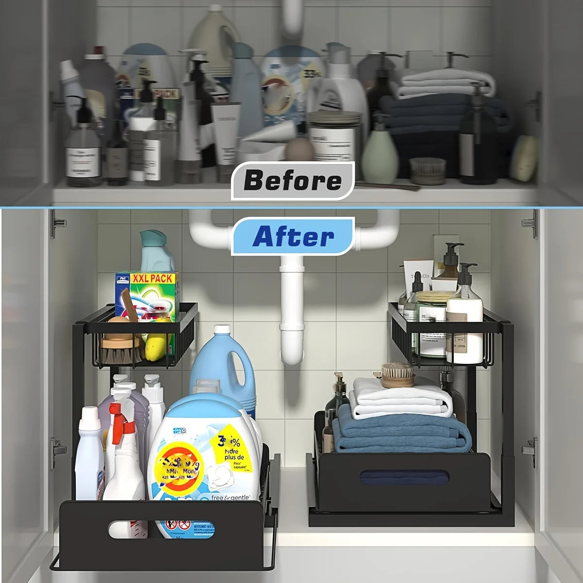Before and after comparison showing a cabinet transformed with two steel pull-out organizers for cleaning supplies and towels