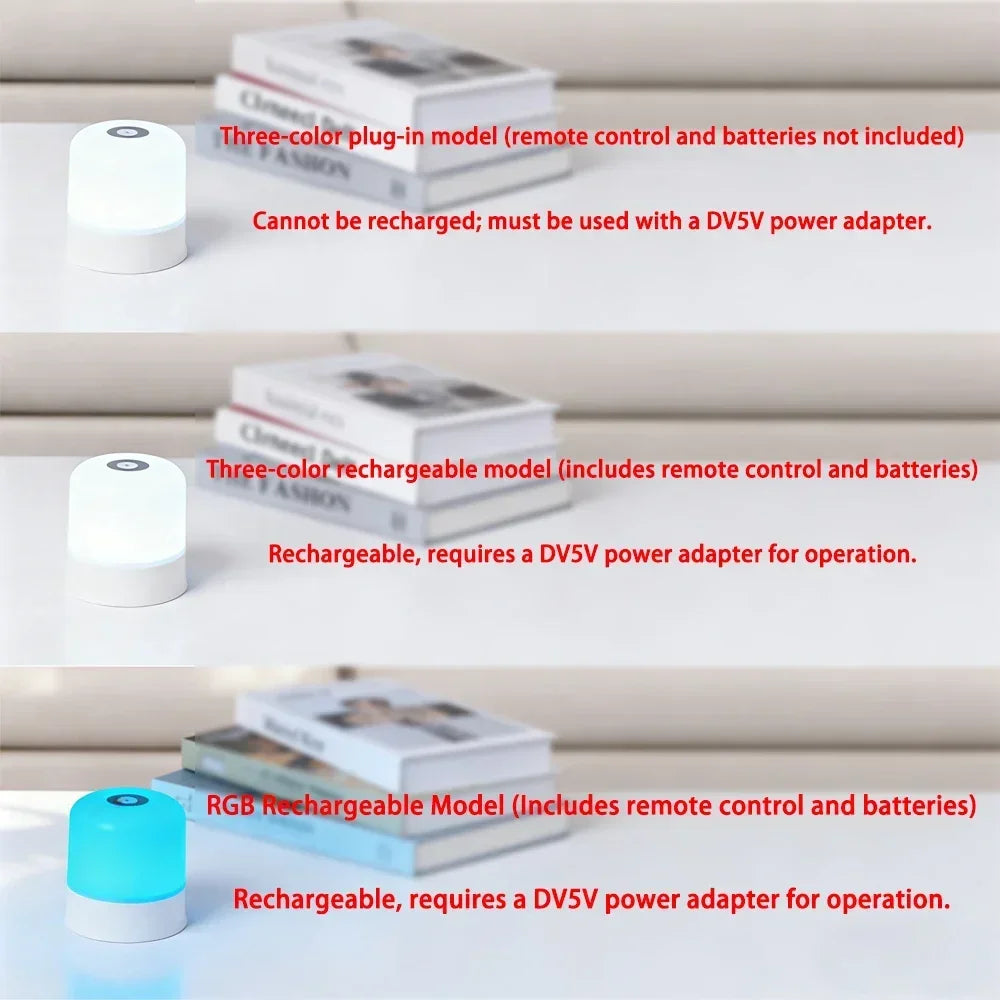 Three variants of the LED night light with feature text about power and remote control options