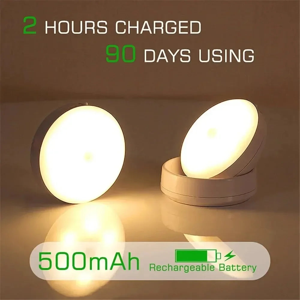 Two round rechargeable LED night lights with warm glow and 500mAh battery text overlay