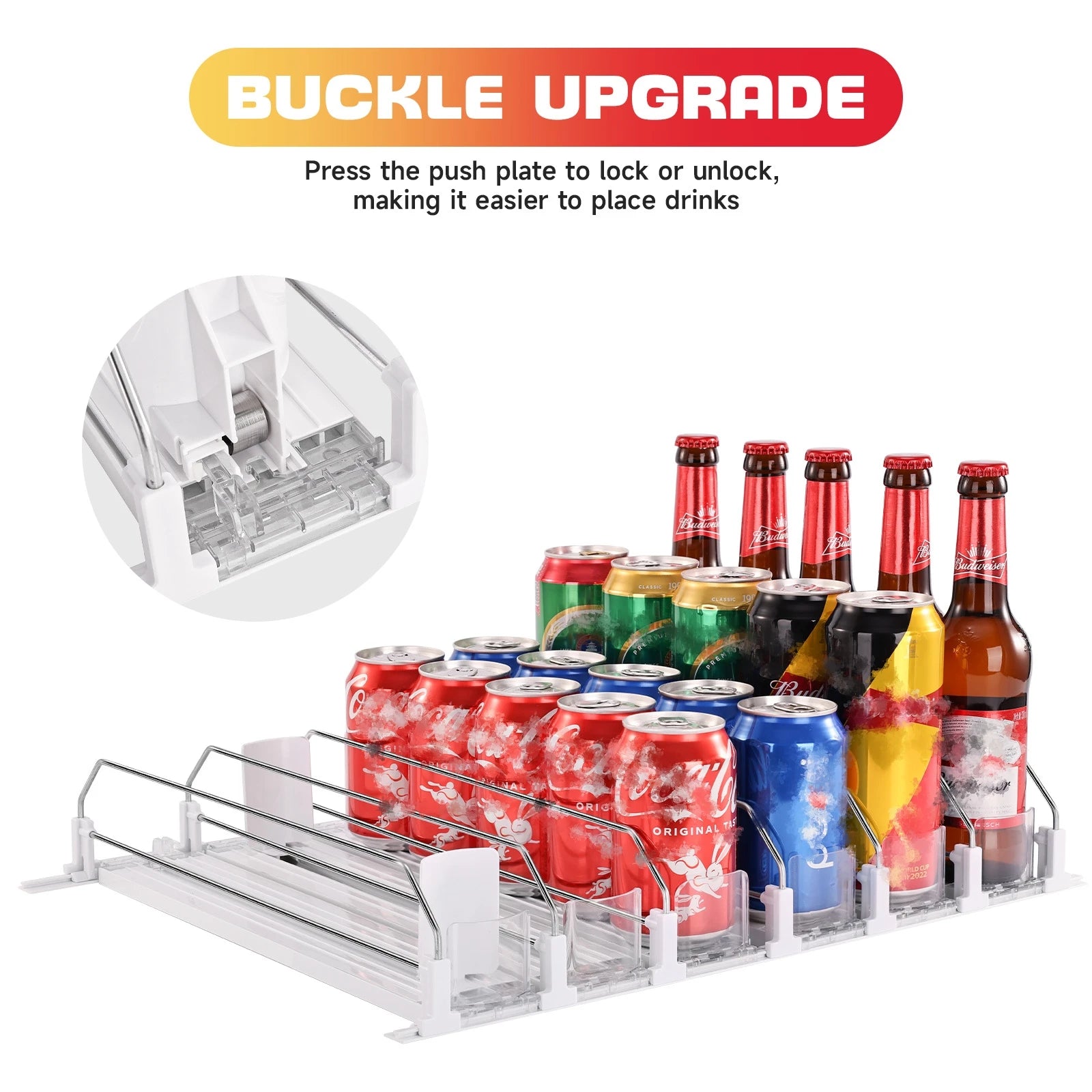 6-Row Drink Can Organizer for Fridge – White Sliding Beverage Rack