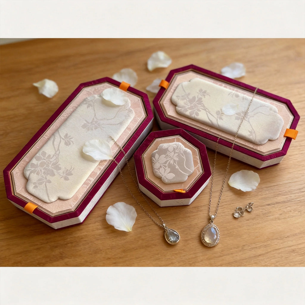 Floral padded jewelry trays displayed with necklaces and stud earrings on a wood tabletop
