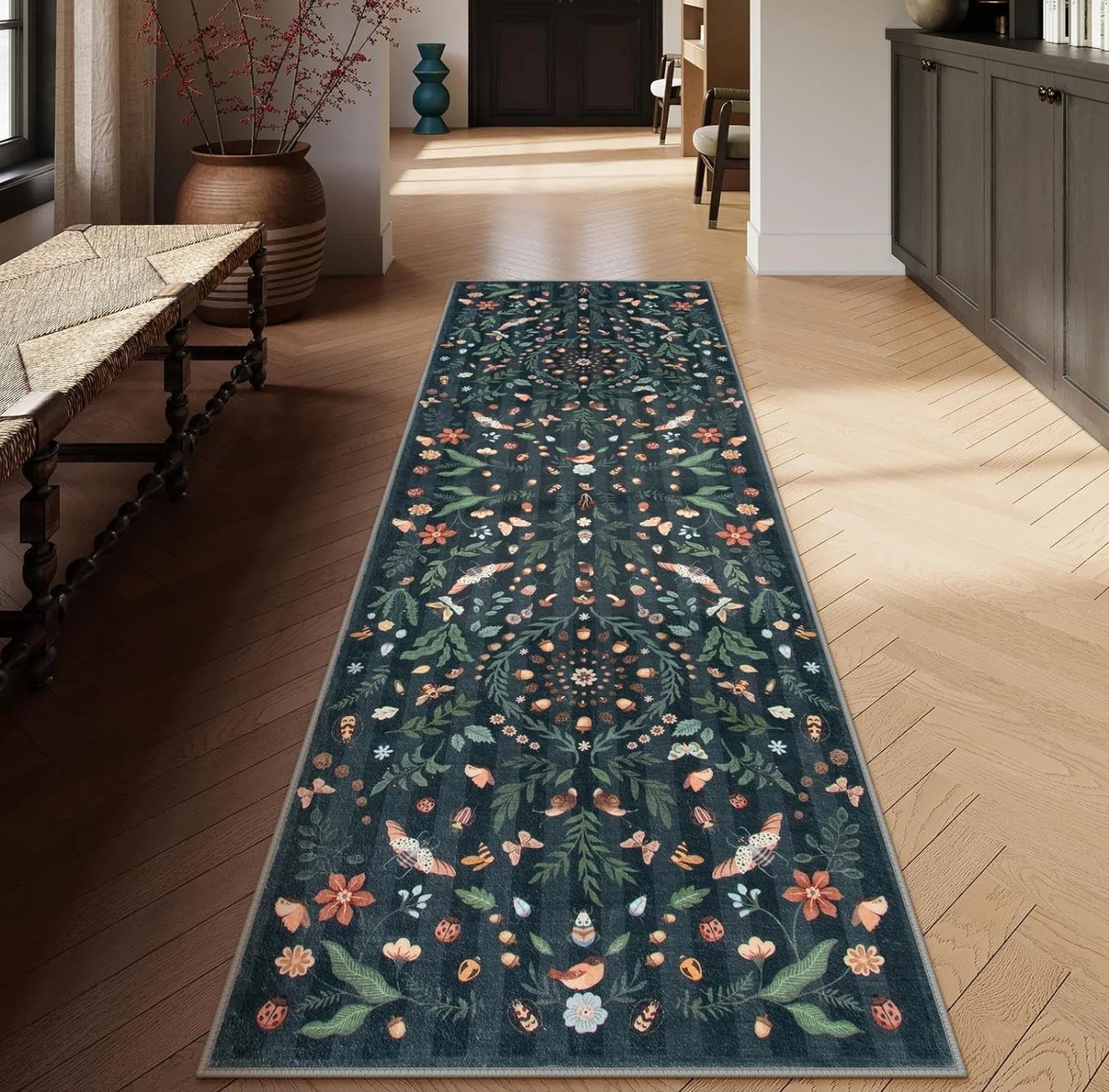 Willowmere Dark Floral Runner Rug for Kitchen, Hallway, or Entryway