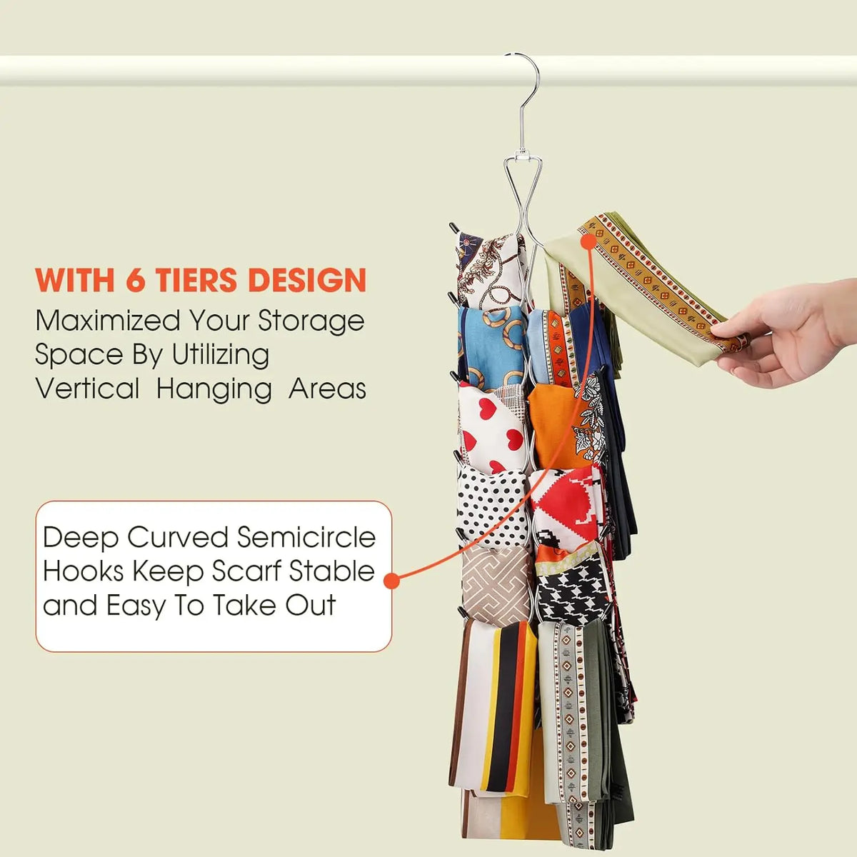 6-Tier Metal Scarf & Accessory Hanger with 360° Swivel Hook for Closet Storage — Organizes Scarves, Leggings, Belts, Bags, and Baseball