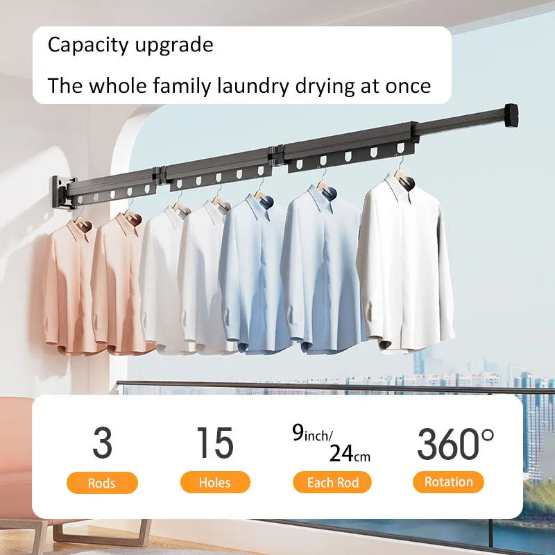 wall-mounted folding drying rack with three rods extended, supporting several shirts, visualizing rack capacity and rotation feature