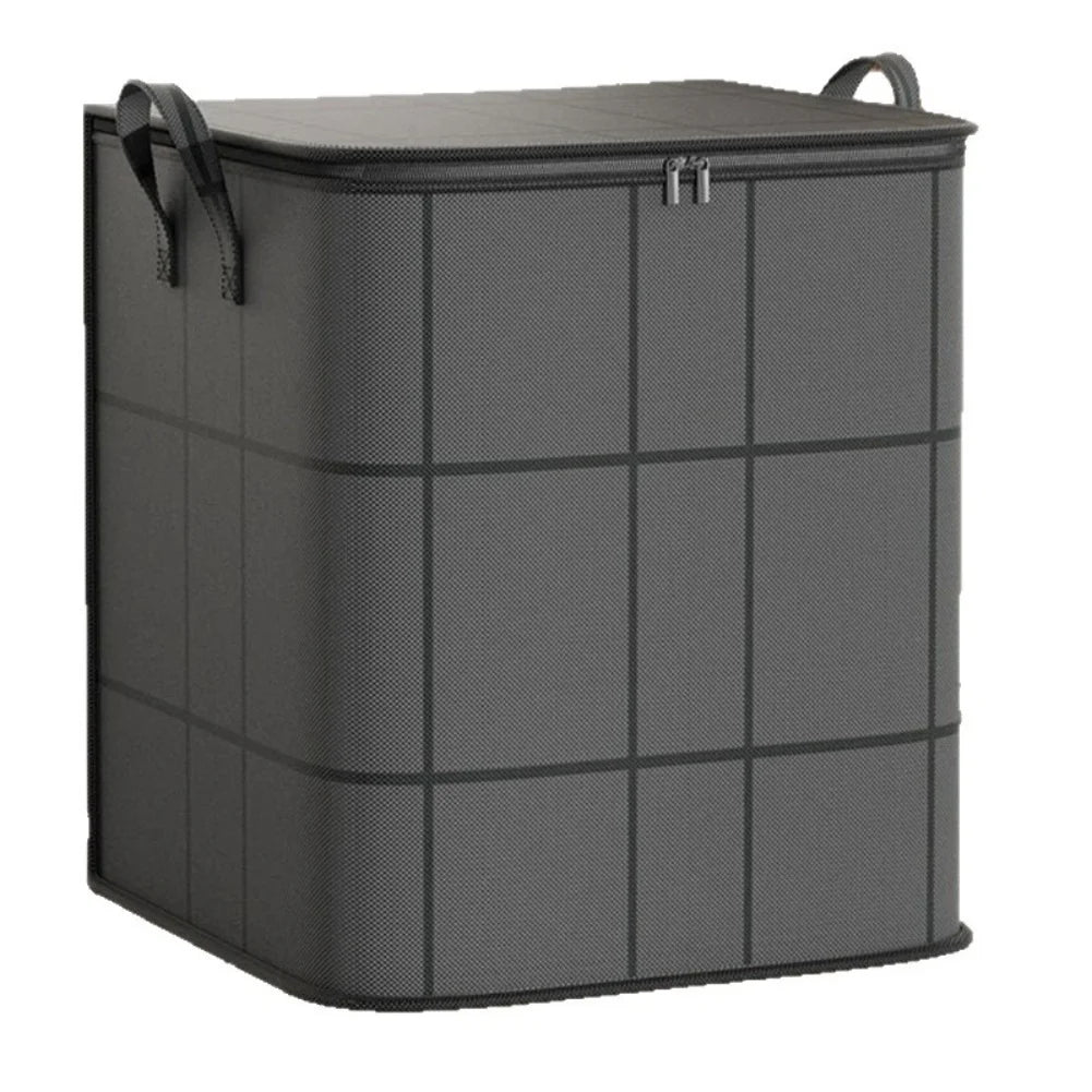 Close-up of a single black and grey fabric storage bag with zipper and handles, showing grid pattern and structured shape.