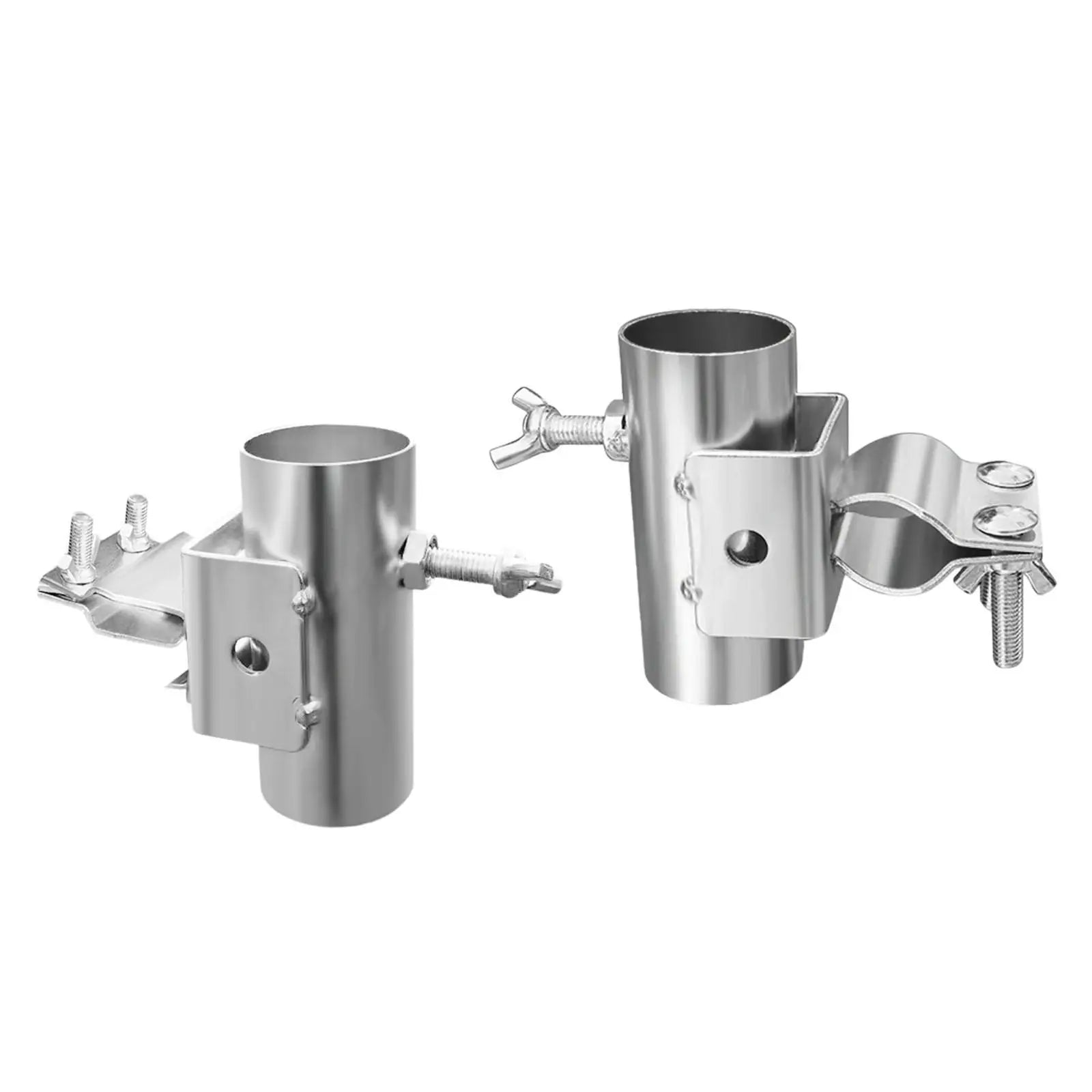 Pair of clamp-on umbrella holders showing side and front angles