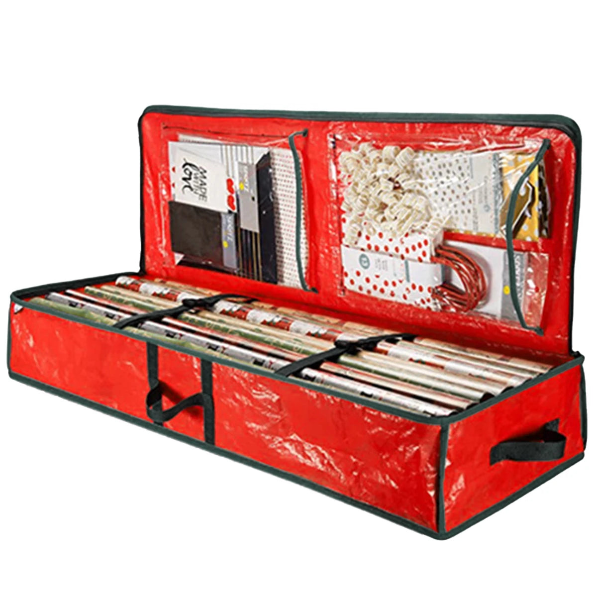 Red wrapping paper storage bag open with rolls of gift wrap, ribbons, and accessories neatly organized in inner pockets.