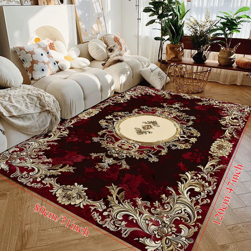 Baroque Medallion Burgundy and Gold Area Rug – Ornate Non-Slip Washable Floor Mat for Living Room & Entryway