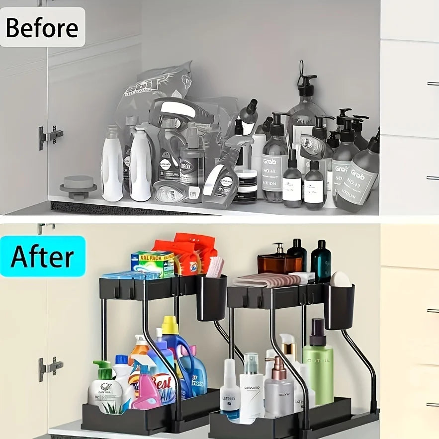 Black two-tier organizers before and after decluttering a cabinet with assorted cleaning products, showing improved order and access